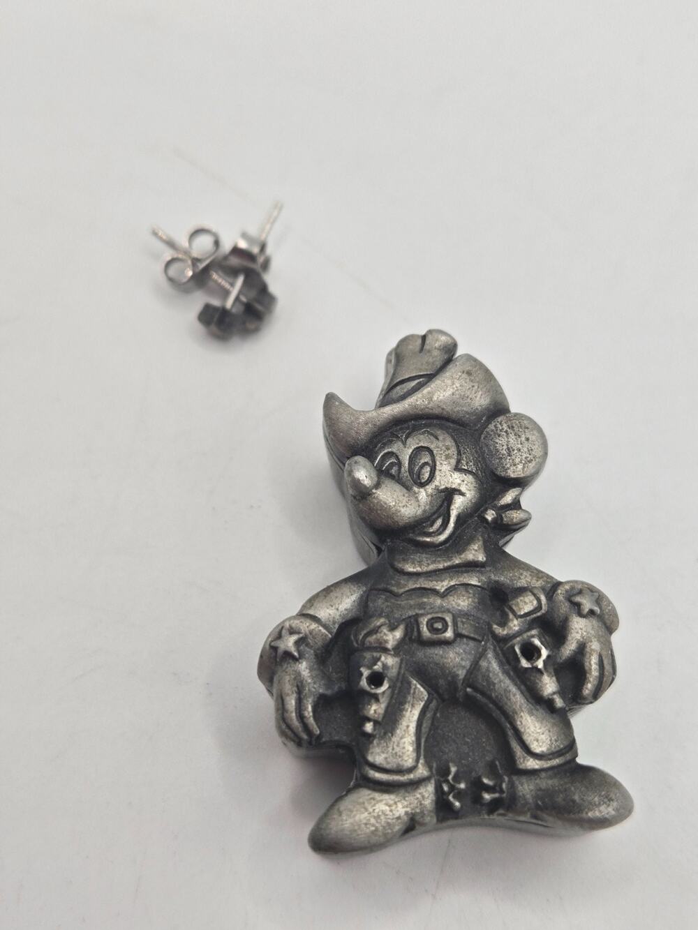 Vintage Disney Pewter Mini Trinket Box Cowboy Mickey Mouse Pin And Star Earrings